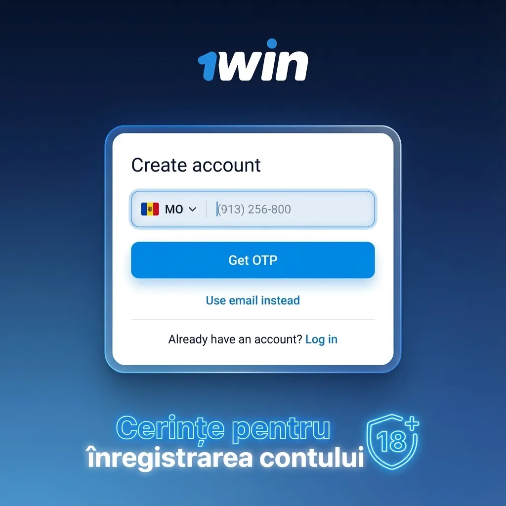 Ilustrație cu un formular de înregistrare cont 1win, iconițe pentru vârstă 18+, documente și verificare identitate