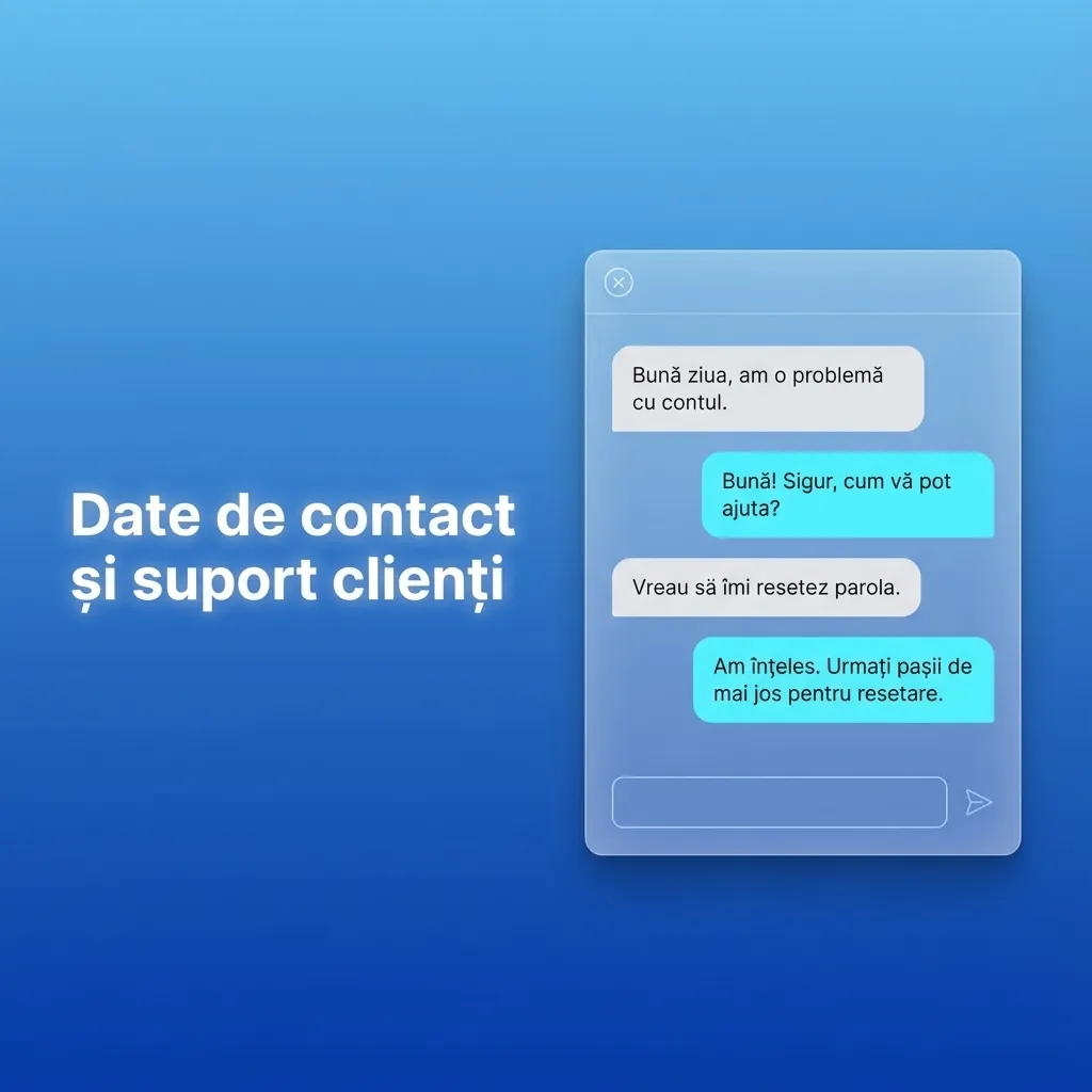 Ecran cu contact suport clienți: chat live, e-mail, formular online și secțiune FAQ, disponibile 24/7