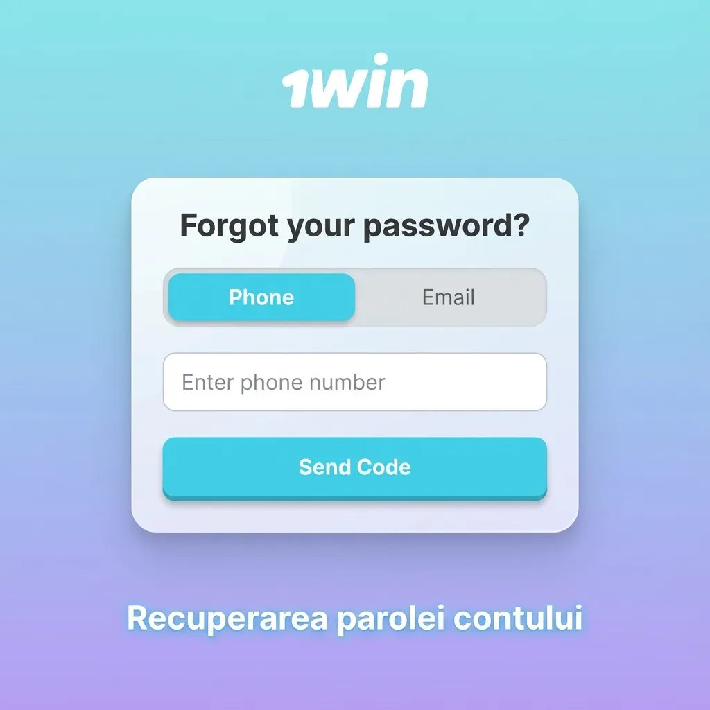 Ecran 1win cu formular de login și opțiune „Ai uitat parola?” evidențiată pentru resetarea parolei contului