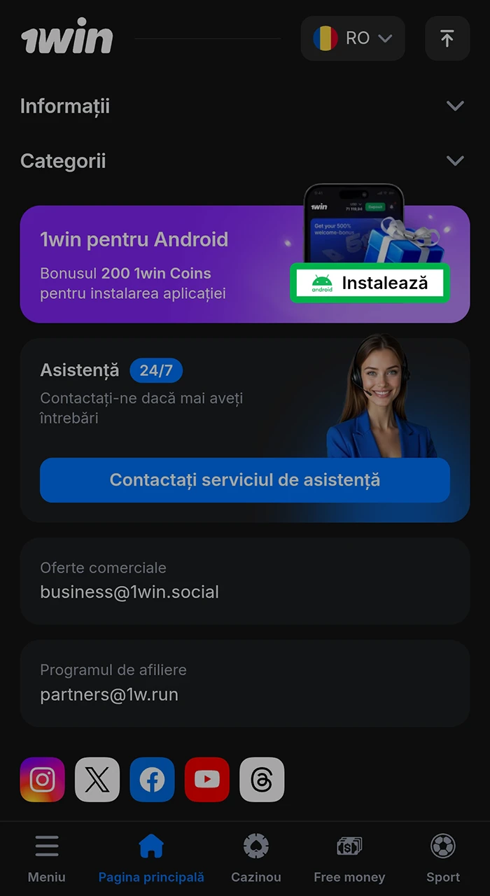 Porniți descărcarea aplicației 1win și așteptați finalizarea acesteia.