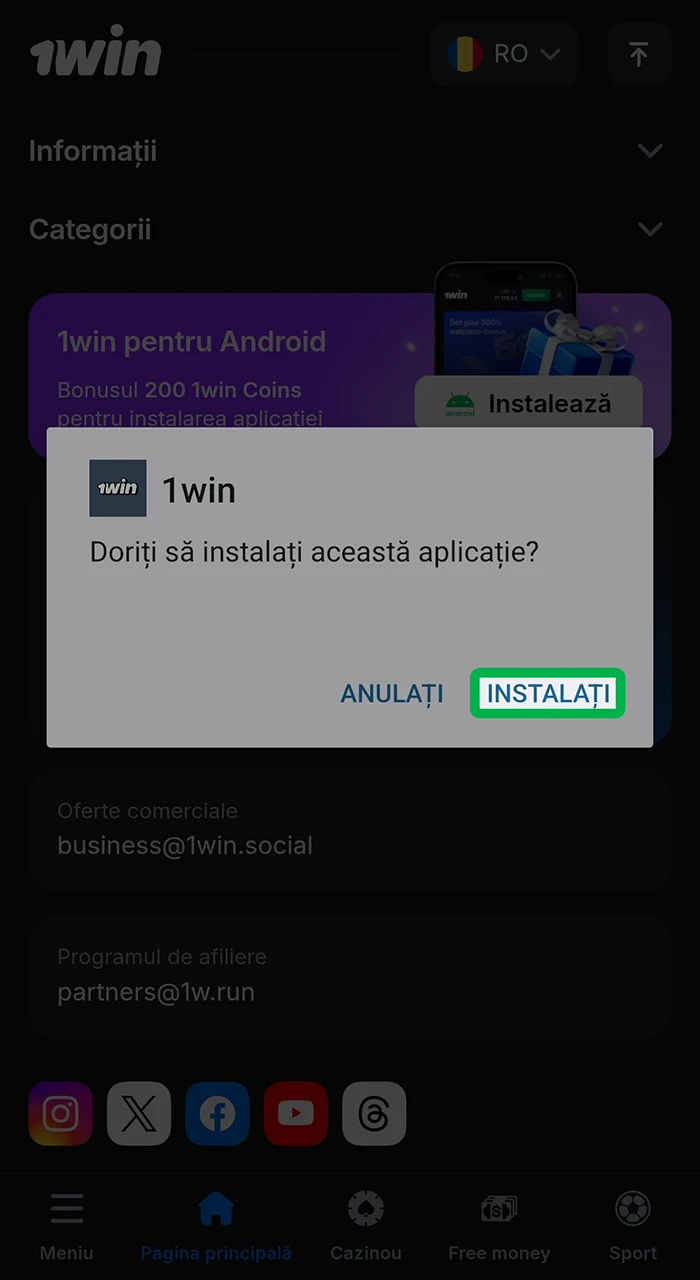 Treceți la ultimul pas din instalarea aplicației 1win.