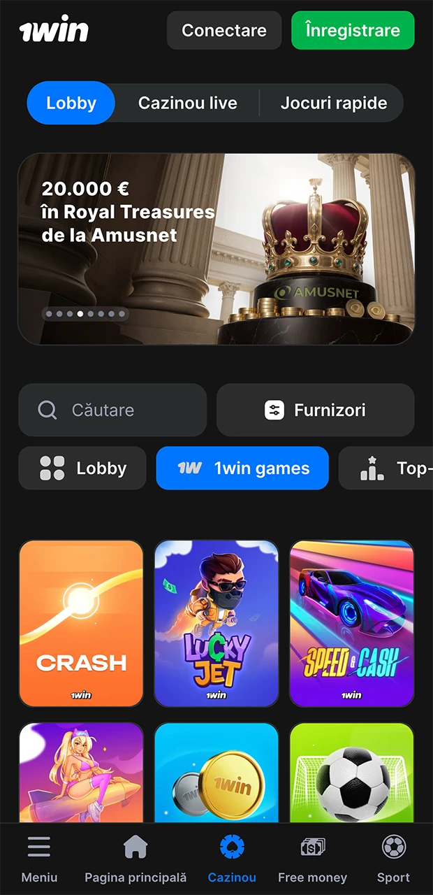 Sloturi și cazinou live în aplicația 1win.