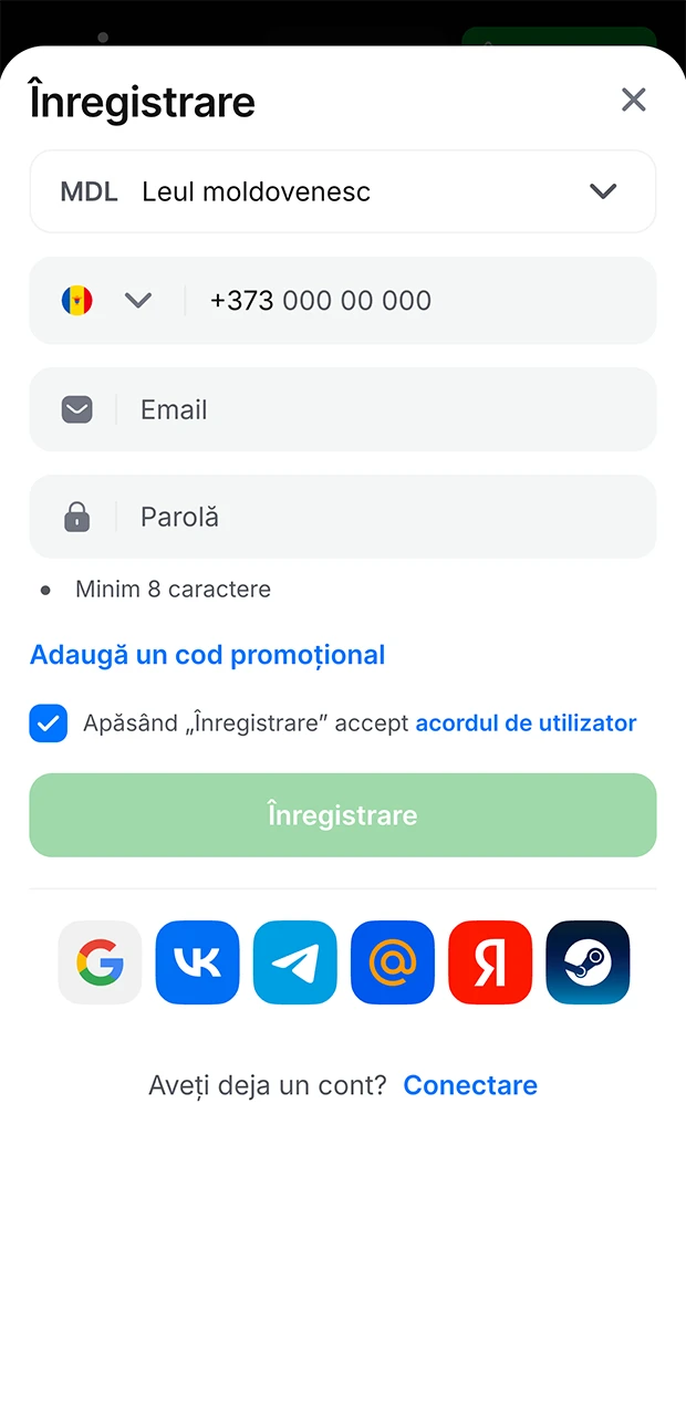 Formularul de înregistrare în aplicația 1win.