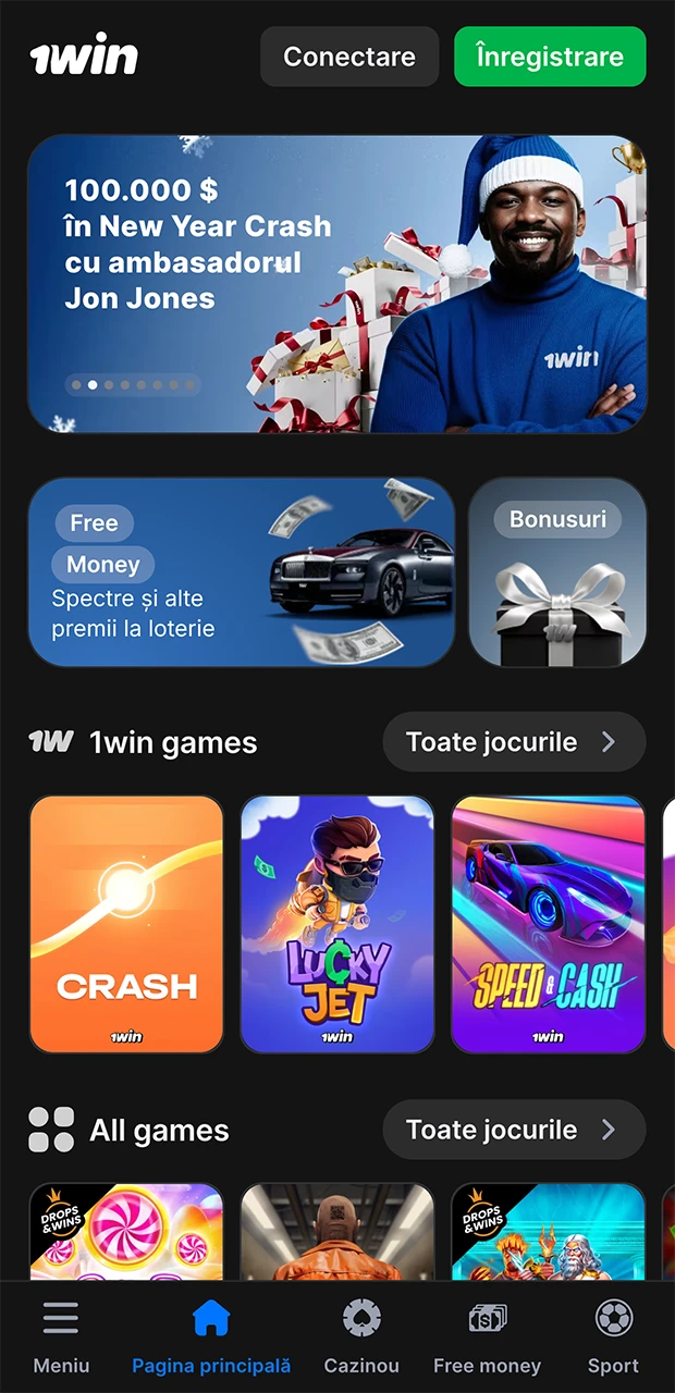 Pagina principală în aplicația 1win.