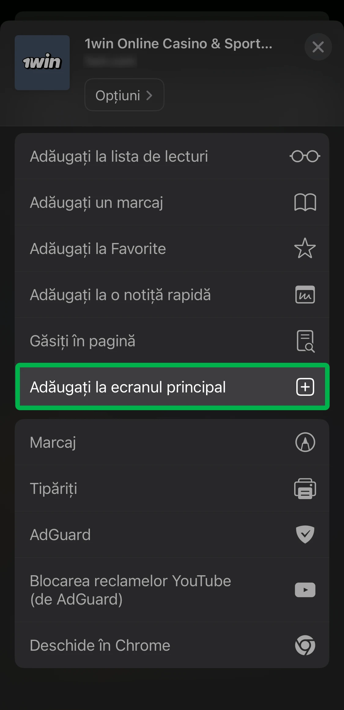Selectați funcția pentru a adăuga aplicația 1win pe desktop.