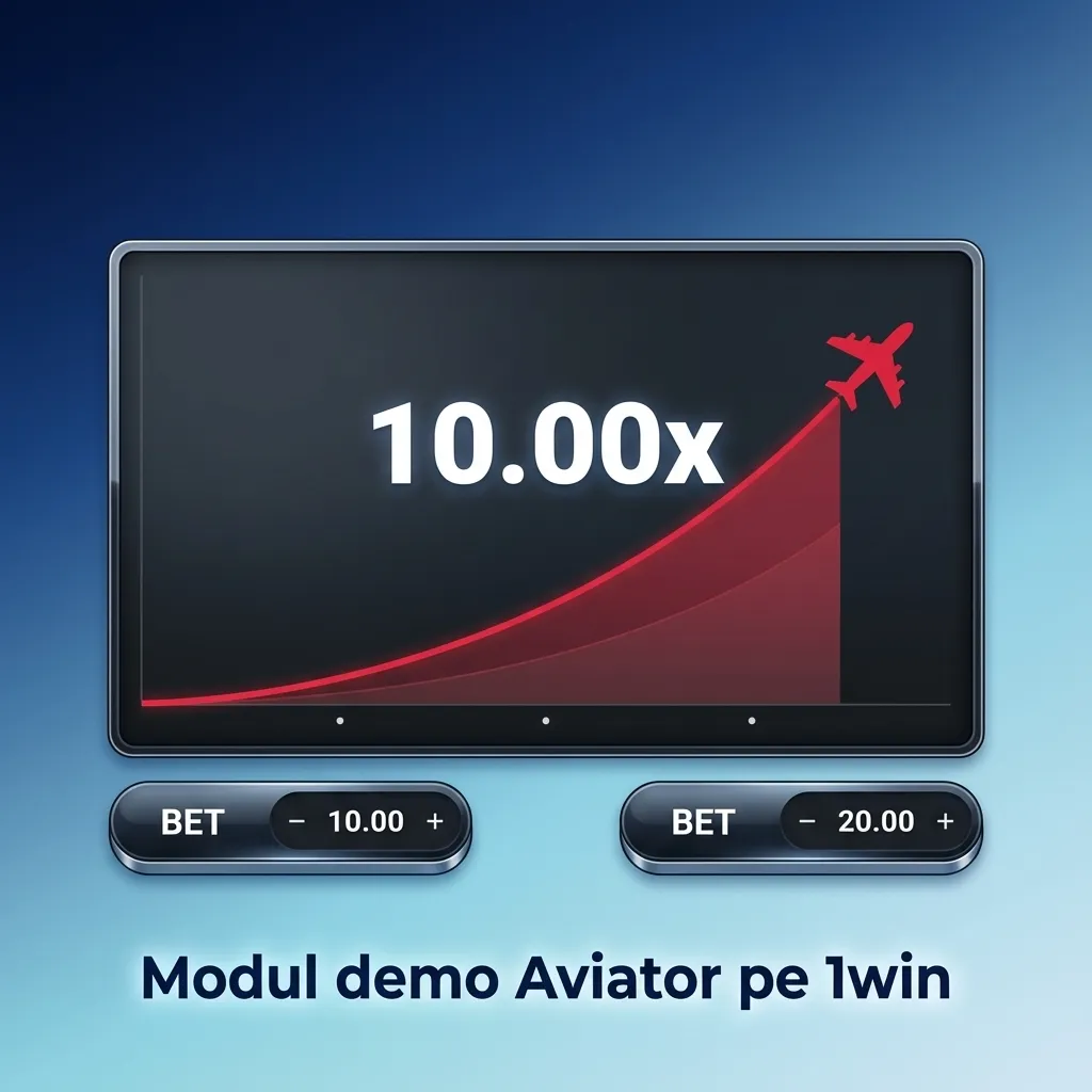 Interfață joc Aviator 1win în modul demo, cu avion, multiplicator crescător și panou de pariuri cu bani virtuali.