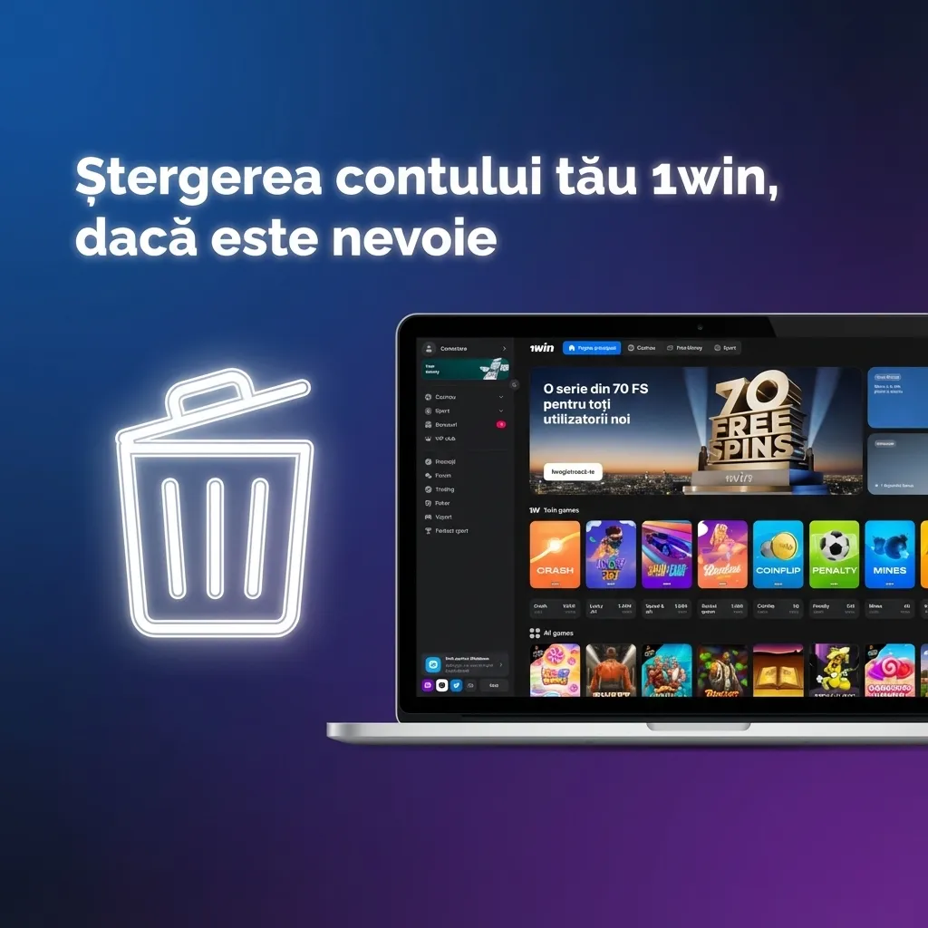 Ecran 1win în limba română, cu text care explică pașii pentru ștergerea și închiderea contului de gambling