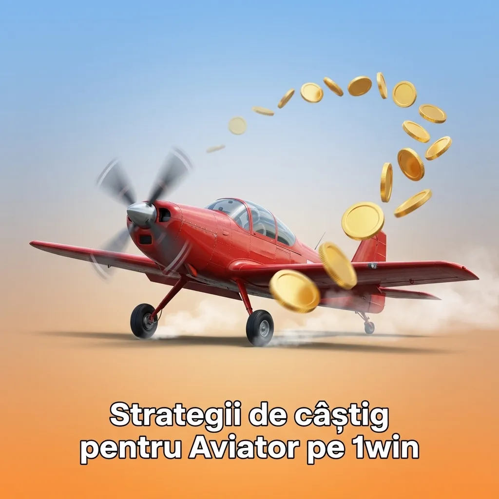 Interfață joc Aviator pe 1win, cu avion stilizat și text despre strategii de miză și joc responsabil
