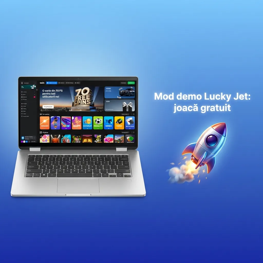 Ecran Lucky Jet în modul demo pe 1win, cu sold virtual și interfață identică jocului pe bani reali