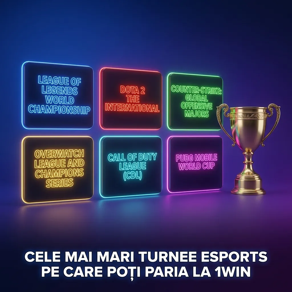 Tabel cu cele mai mari turnee eSports pentru pariuri 1win, listând jocuri populare și competiții internaționale importante