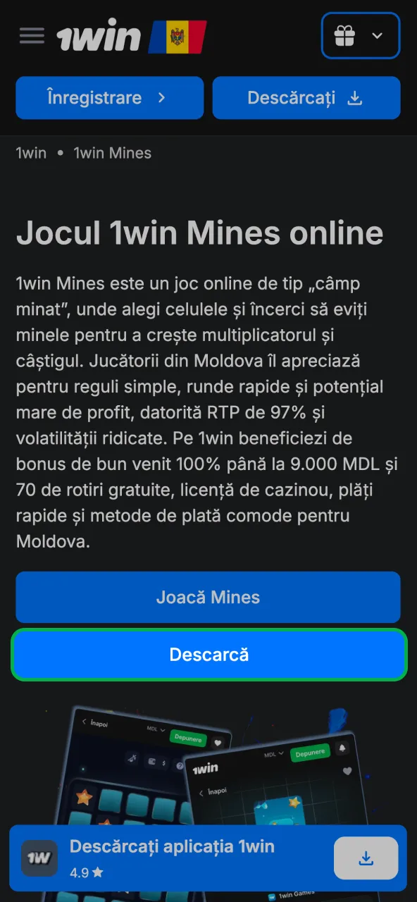 Descărcare rapidă APK 1win Moldova.