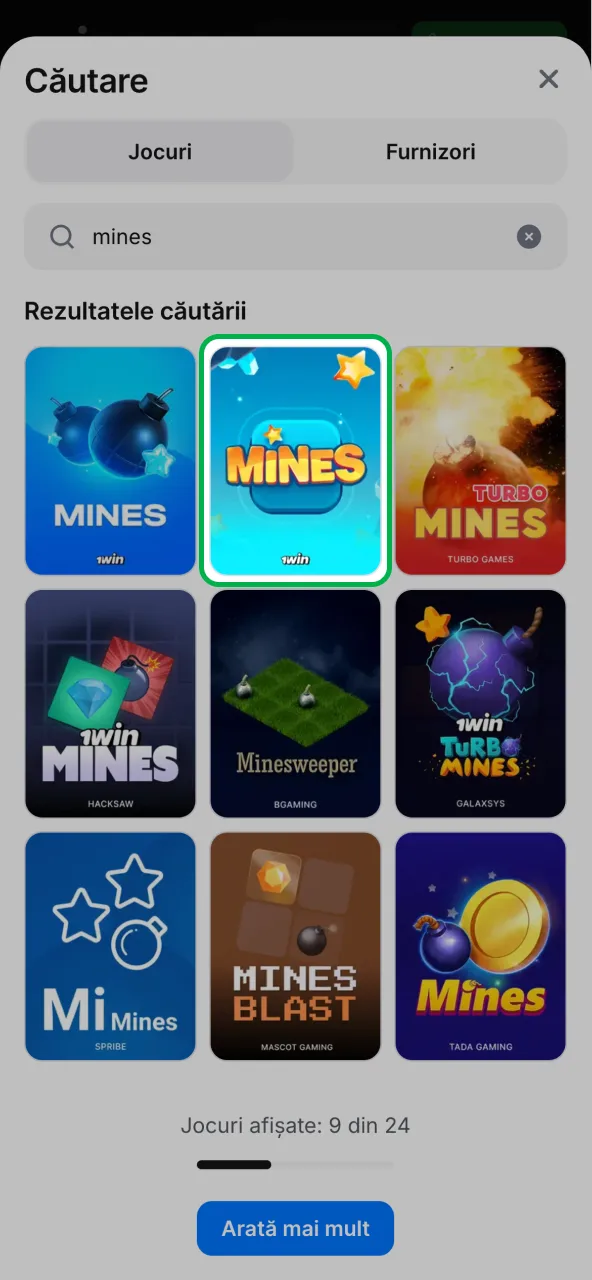 Selectează Mines 1win și începe runde demo sau reale.