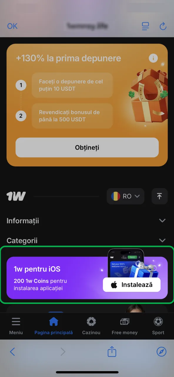Selectează pictograma iOS din start 1win.