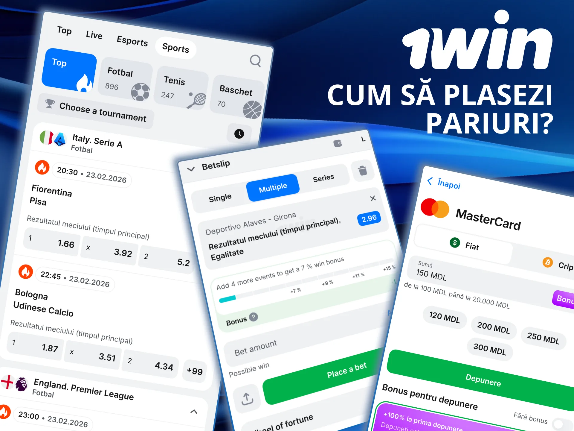 Pariurile în aplicația 1win se plasează în câțiva pași simpli.