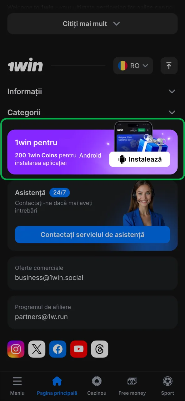 Navighează la aplicația 1win Android prin site oficial.