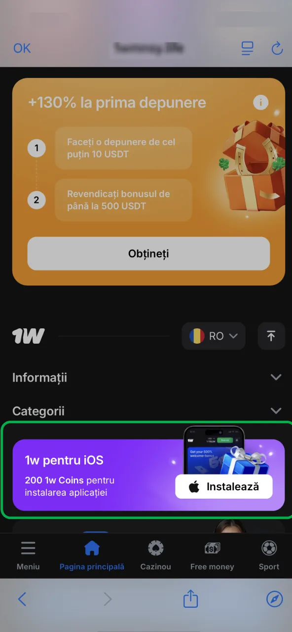 Pagina oficială 1win pentru aplicația iOS în Safari.