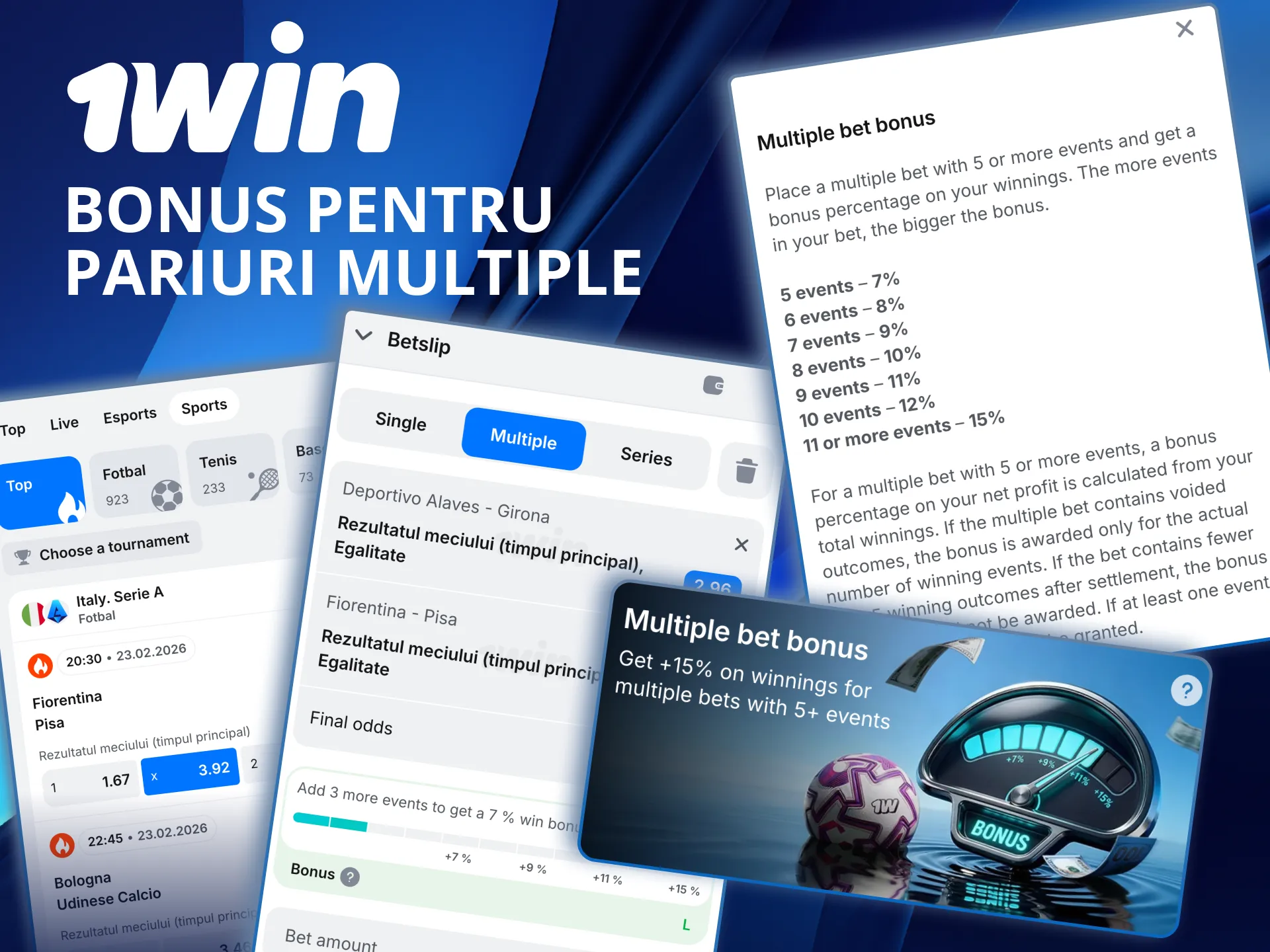1win oferă bonus pentru pariuri multiple cu până la 15%.