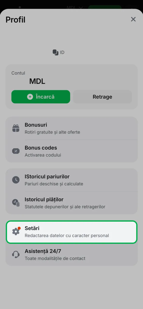 Setează parola și limitele de joc pe 1win.