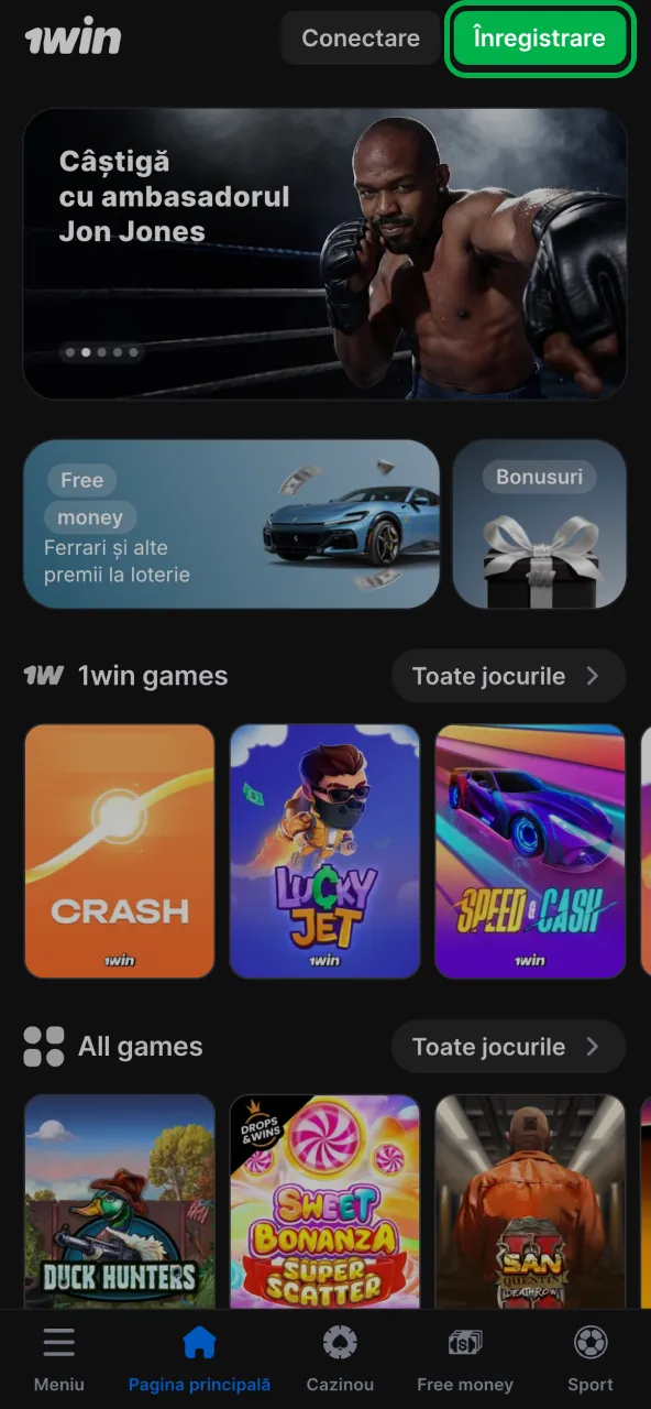 Butonul de sign up 1win din ecranul principal.