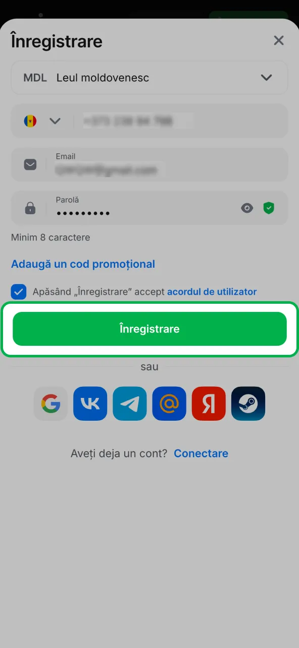 Finalizează contul și salvează datele de login 1win.