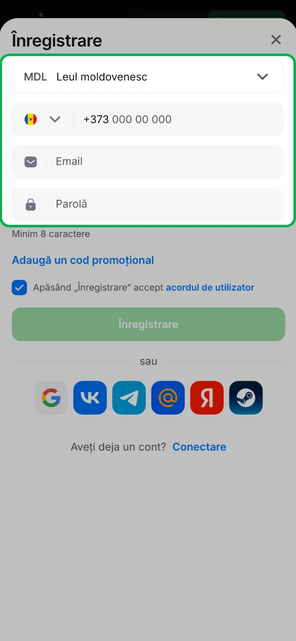 Introdu monedă, parolă și cod promo 1win.