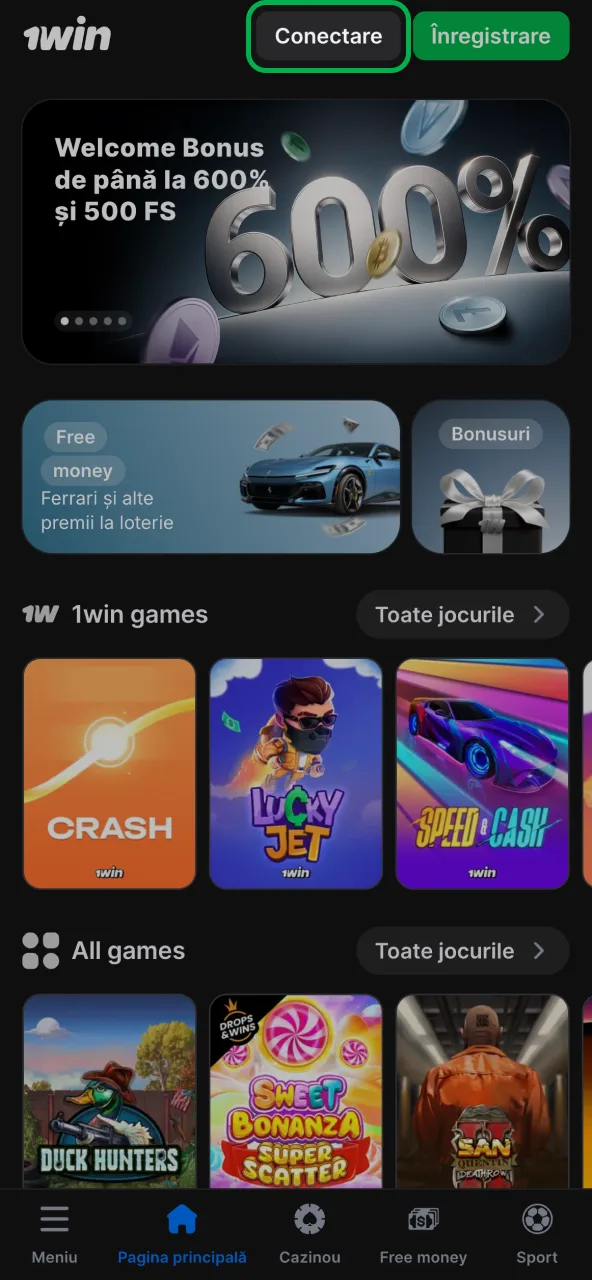 Login rapid pe 1win din ecranul principal.
