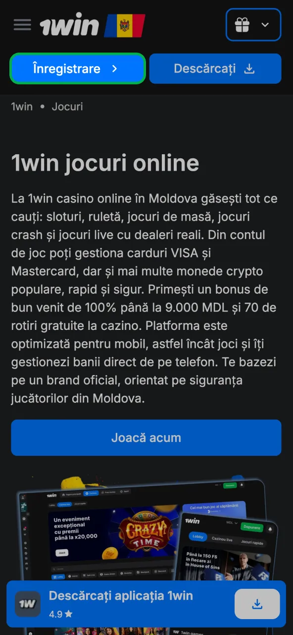 Înregistrare rapidă pe site-ul 1win.