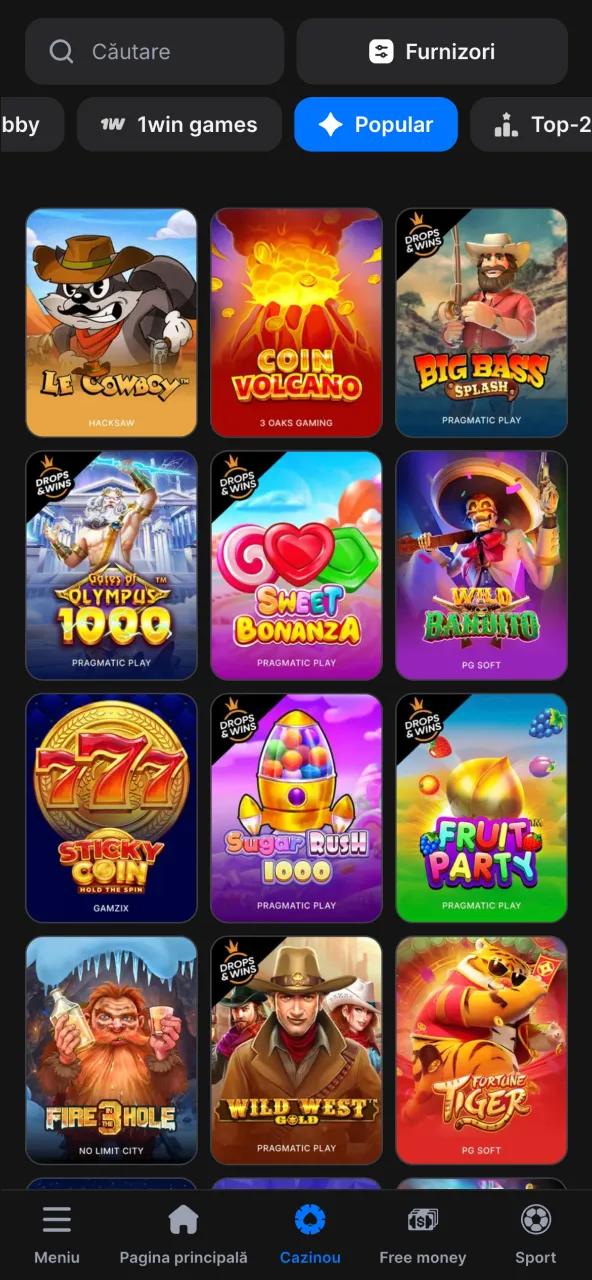 Filtrează sloturi, masă sau live pe 1win.