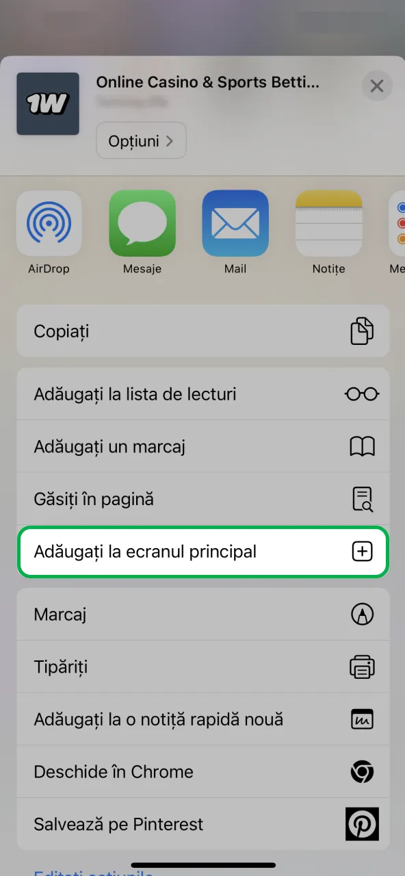 Iconul 1win apare pe ecranul de pornire iPhone.