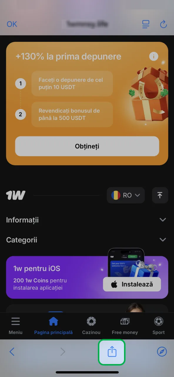 Folosește butonul de partajare din Safari pentru 1win.