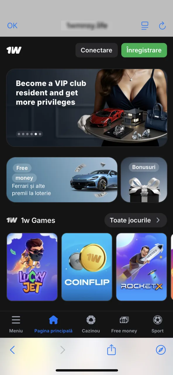 Introdu adresa oficială 1win în Safari.