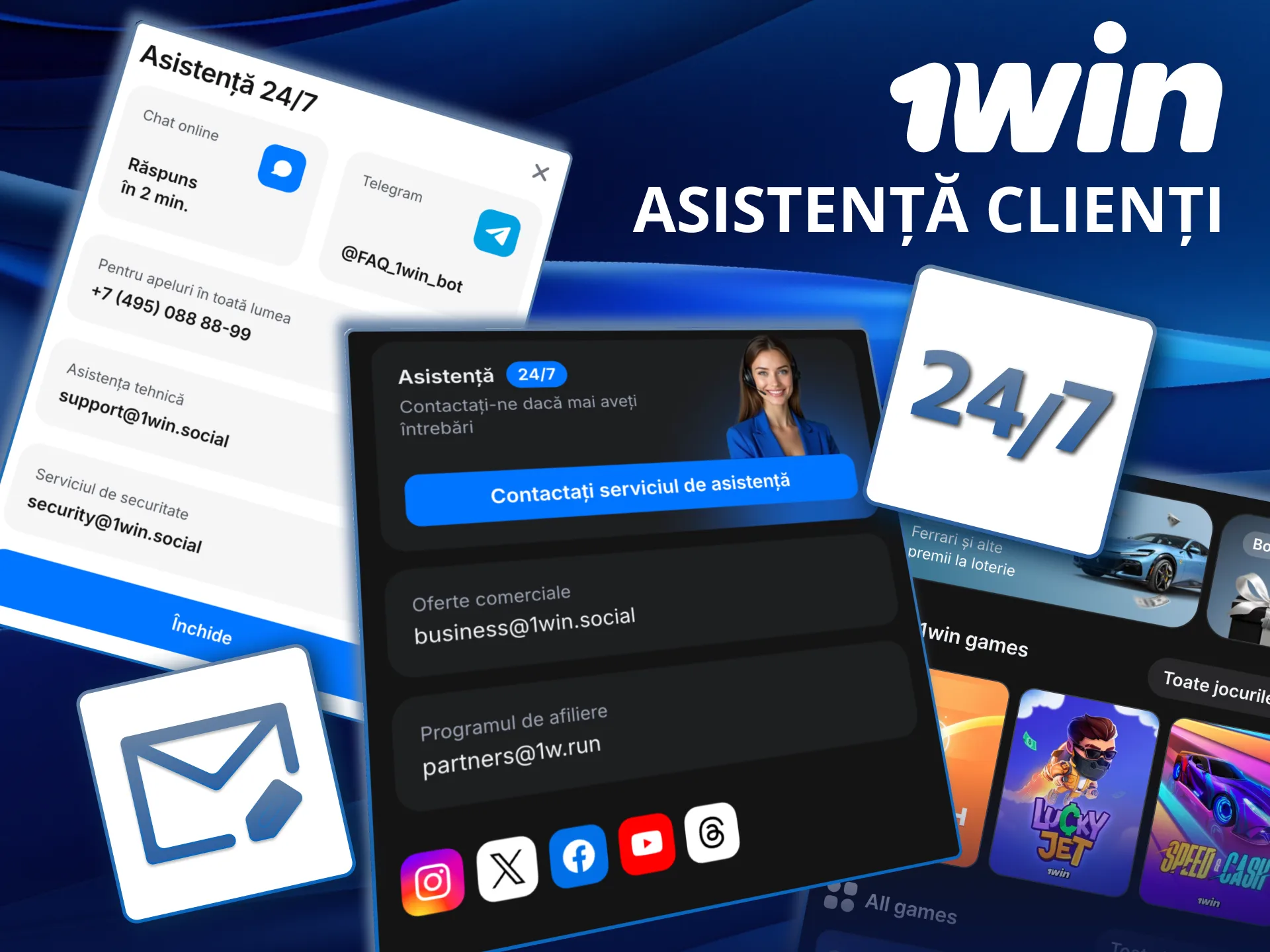 1win oferă asistență clienți 24/7 prin chat, email și telefon.