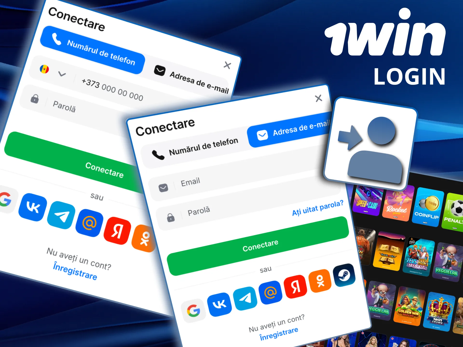 Te conectezi pe 1win introducând telefonul, emailul și parola.