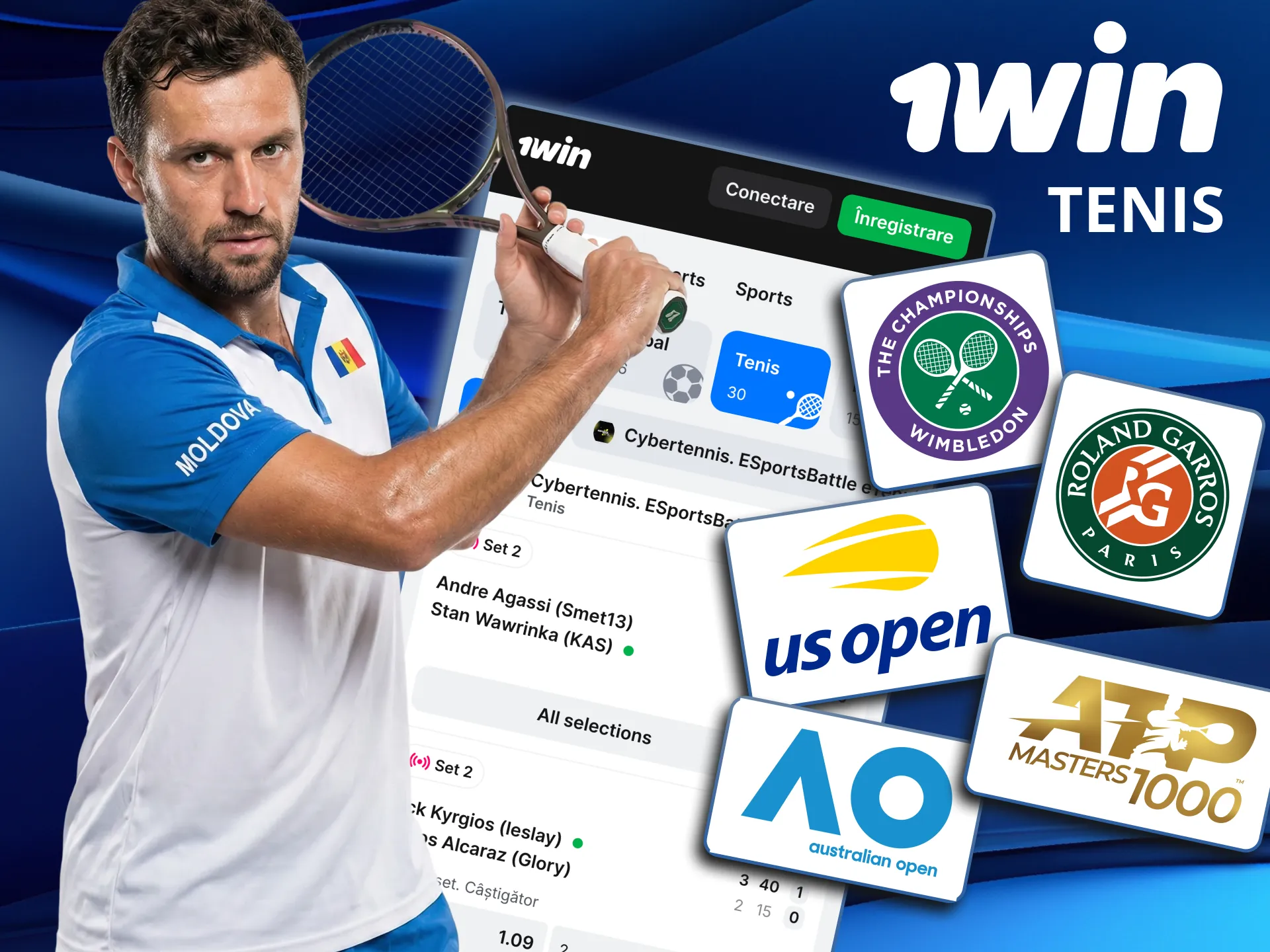 Pe 1win găsești meciuri de tenis din Grand Slam și ATP Masters.